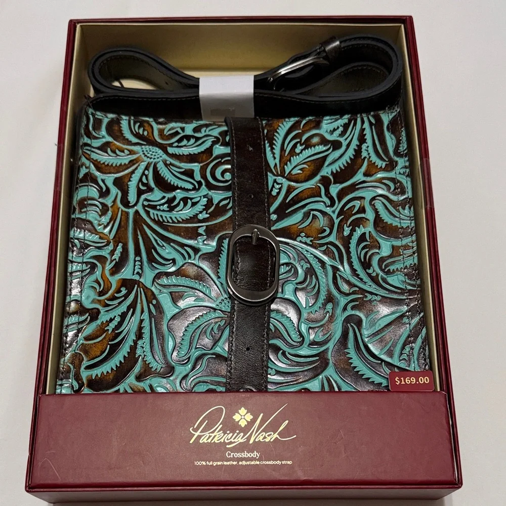 Patricia Nash Venezia Crossbody Bag Turquoise Tooled Leather Gift box NIB